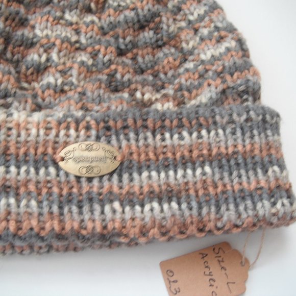 Hand Knitted Hat Toque Adult Size - L Acrylic Brown/Gray - 023 Hand knit by me - Picture 8 of 8